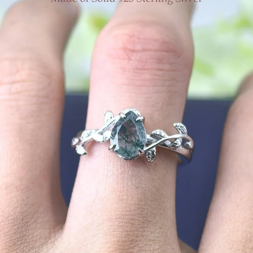 Natural Moss Agate Ring 925 Sterling Silver Opal Birthstone Ring 925 Sterling Si - Picture 4 of 6